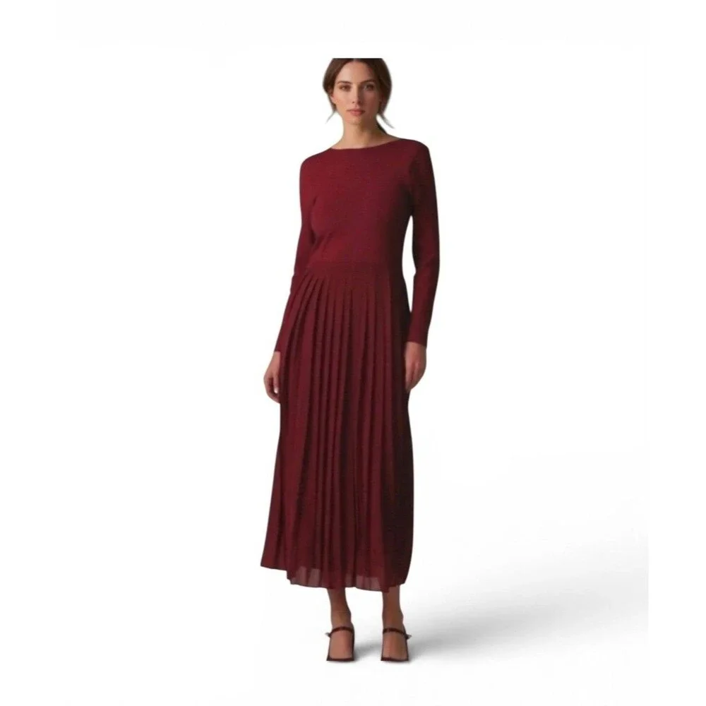 J Crew Ballet Dress Pleated Maxi Long Sleeves Burgundy Size Large Elegant Luxury